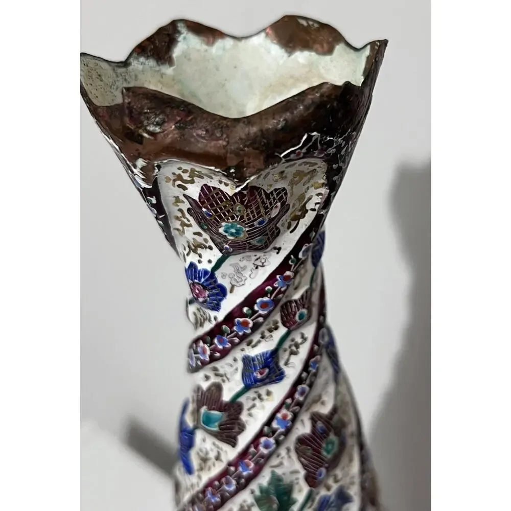 Vintage Antique Iznik Minakari Enameled Birds And Floral Decorations Copper Vase
